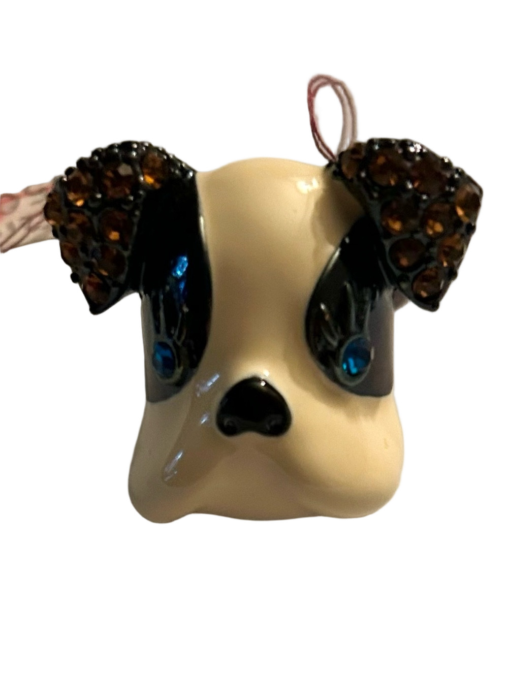 Betsey Johnson Black and Cream Dog Face Ring with Rhinestone Ears Stretch Band